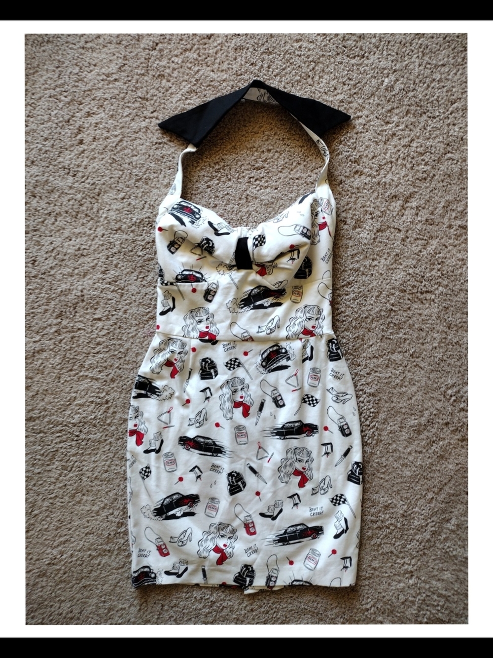 Pinup Couture Traci Lords White Halter Dress with Black & Red Print
